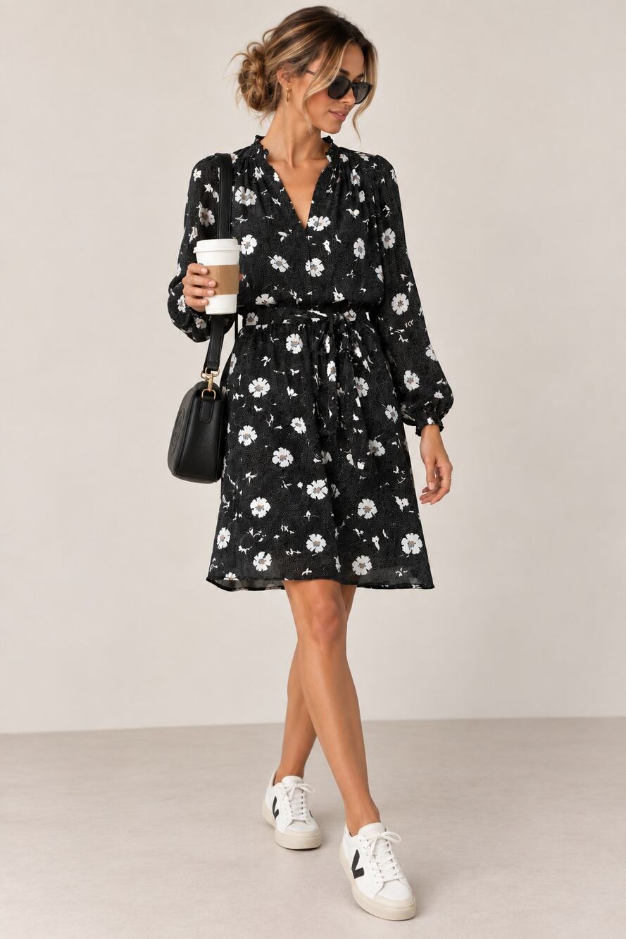 J.Crew Black Floral Long Sleeve Tie Waist Mini Dress Size Small
